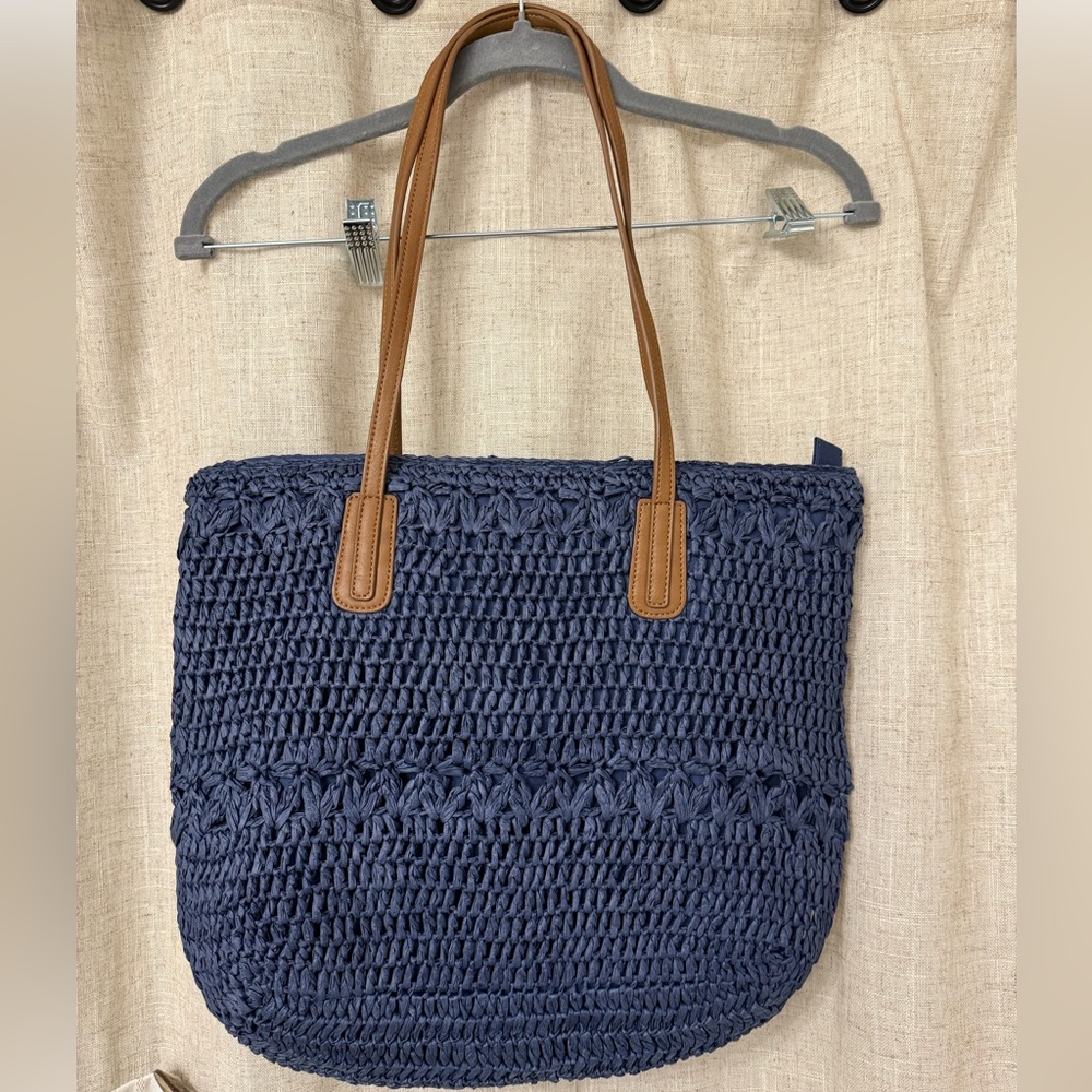 Talbots Navy Crochet Tote with Brown Handles